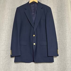 Lands End Suit Jacket 42L Navy Blue Gold Buttons Blazer Sport Coat Career